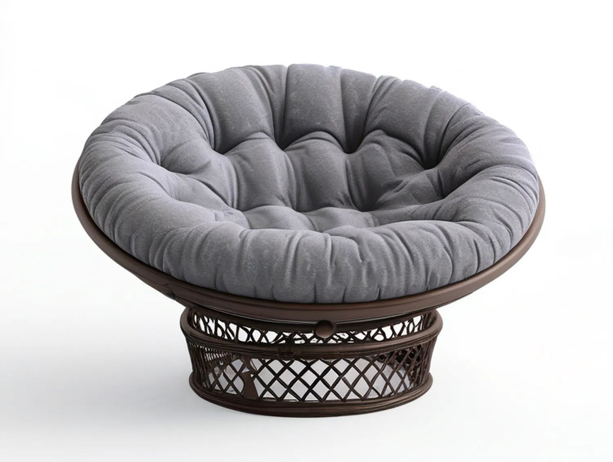 42 in Round Papasan Lounge Chair with Gray Polyester Cushion and Dark Brown PE Rattan Frame, 42 x 42 x 35 in