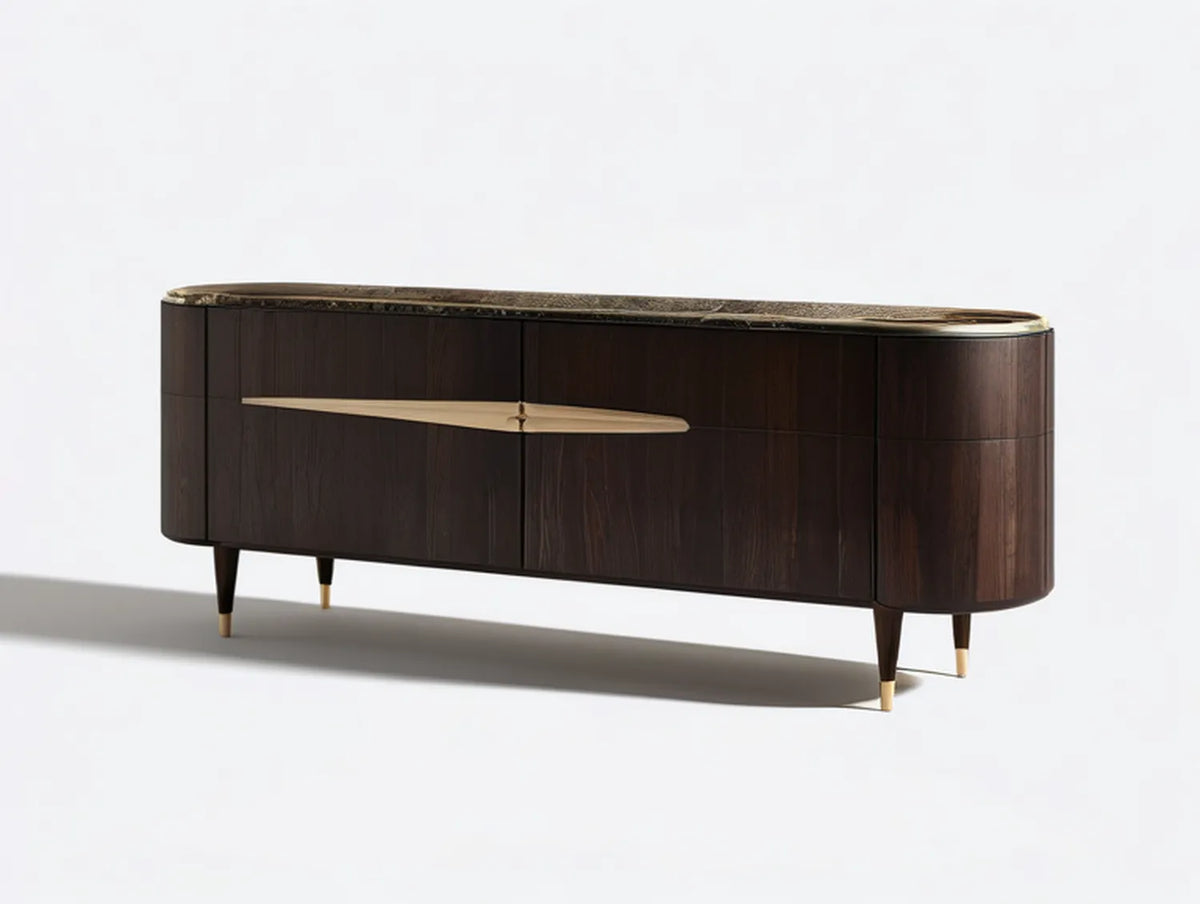 Mid-Century Modern TV Stand with Storage, 70.9 x 17.7 x 29.5 in, Walnut Brown/Black/Gold