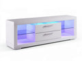 White LED TV Stand, 59.1 x 15.7 x 18.1 in, High-Gloss MDF Entertainment Center with 2 Drawers and Glass Shelves