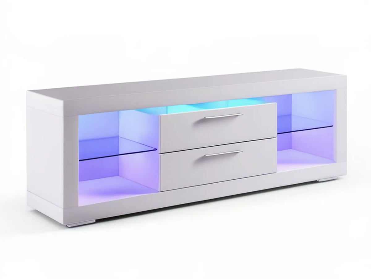 White LED TV Stand, 59.1 x 15.7 x 18.1 in, High-Gloss MDF Entertainment Center with 2 Drawers and Glass Shelves