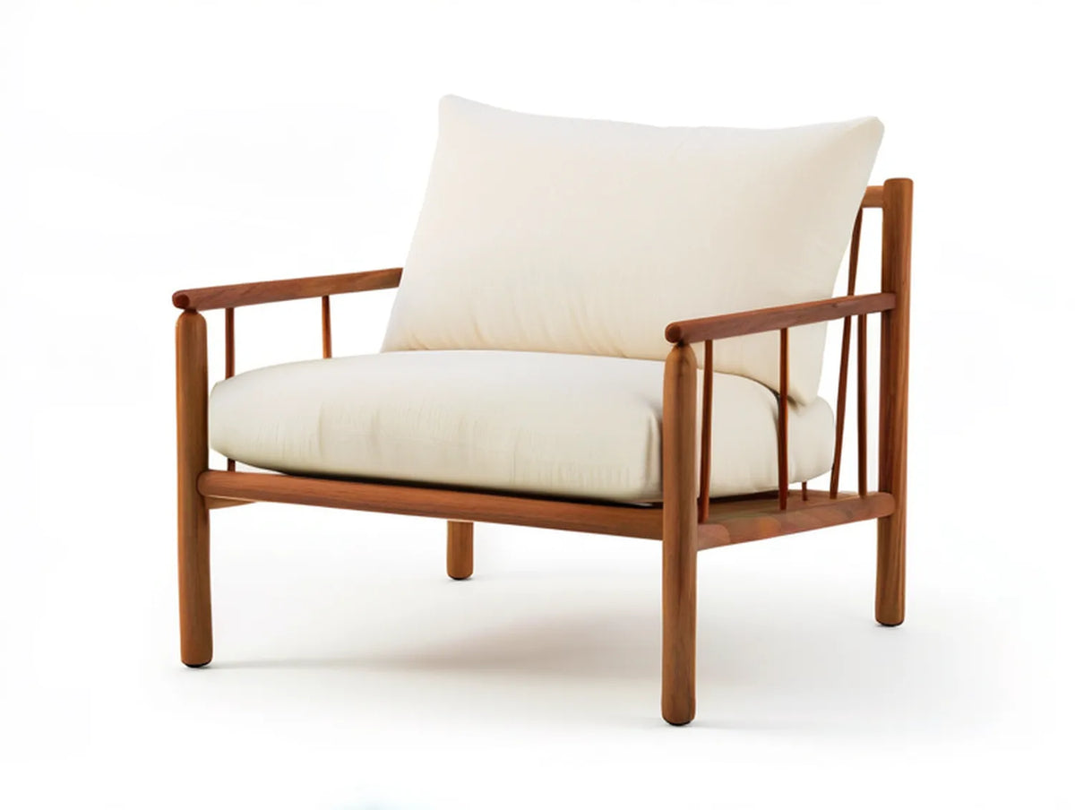 Mid-Century Modern Lounge Chair, 30.3 x 32.3 x 31.5 in, Cream Polyester Cushions with Walnut Brown Rubberwood Frame