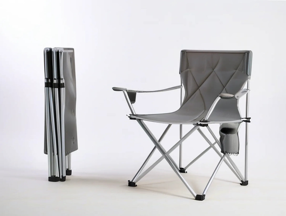 Gray and Silver Folding Camping Chair with Cup Holder, 22 x 22 x 34 in