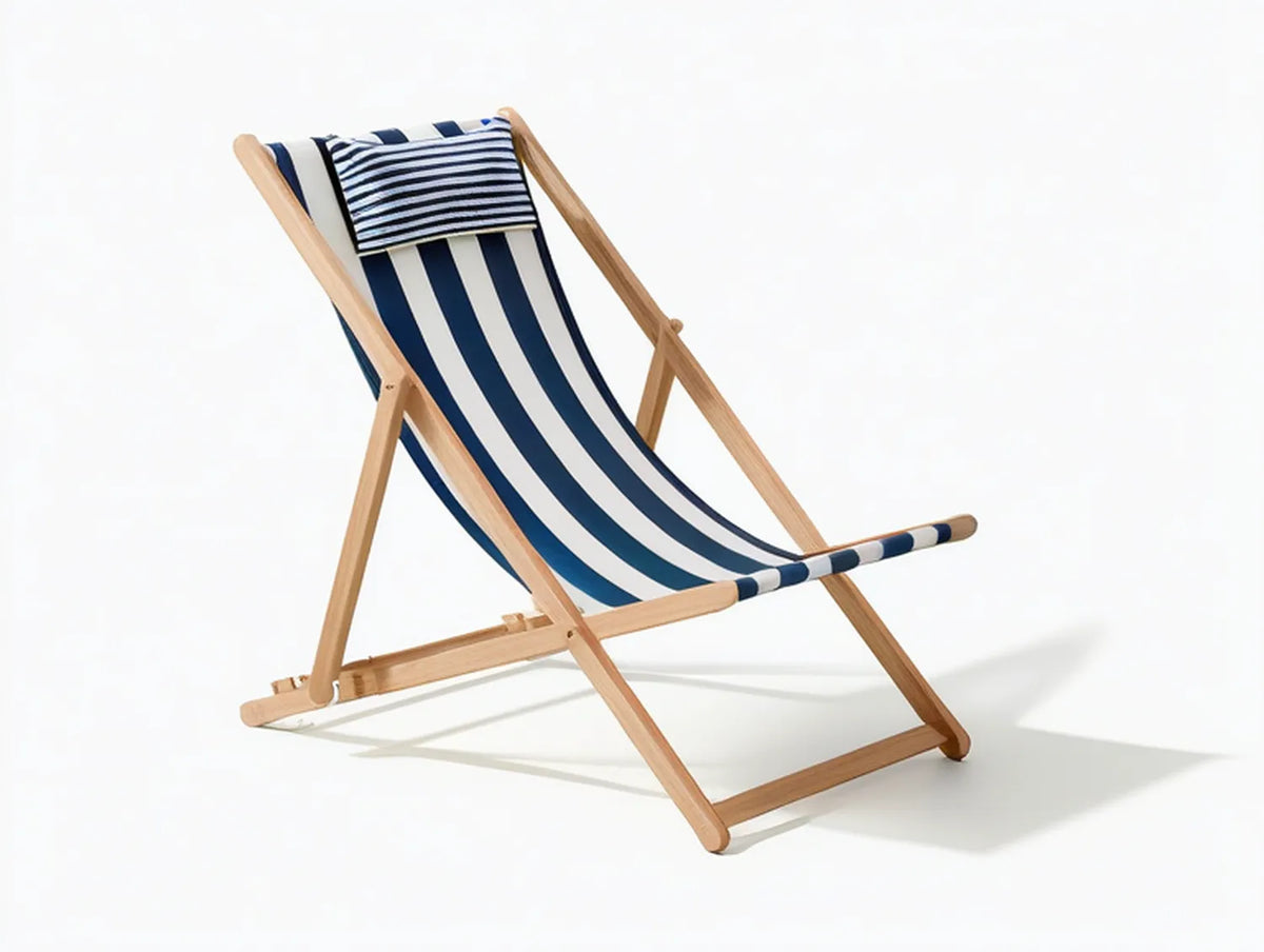 Folding Beech Wood Deck Chair with Navy Blue and White Striped Polyester Canvas, 38.6 x 22.8 x 35.4 in