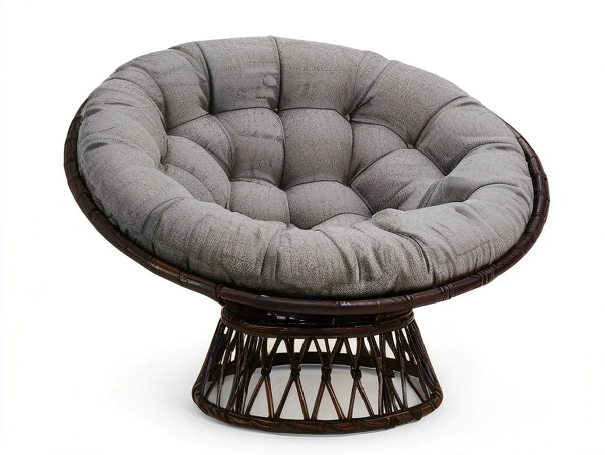 42 in Round Swivel Papasan Chair with Gray Polyester Cushion and Dark Brown Rattan Frame