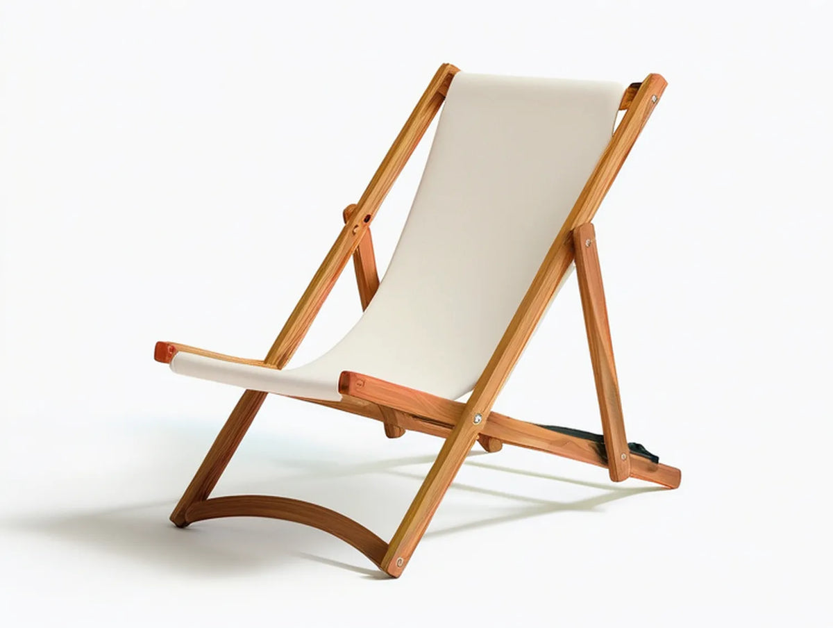 Folding Reclining Eucalyptus Wood Sling Chair with Cream Polyester Canvas, 104 x 60 x 86 cm