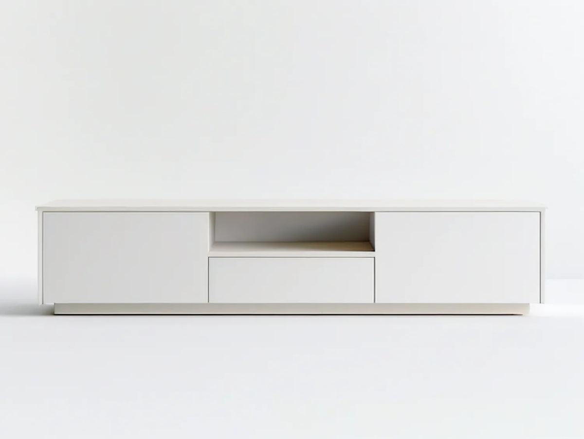 White MDF TV Stand with 2 Doors, 1 Drawer and Open Shelf, 70.9 x 15.7 x 17.7 in