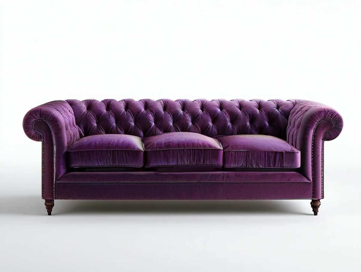 Purple Chesterfield 3-Seat Velvet Sofa, 90 x 37 x 30 in, with Dark Brown Legs