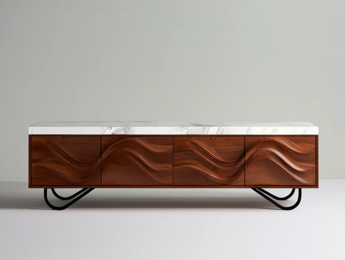78.7 in Walnut Veneer Media Console with White Sintered Stone Top and Black Steel Legs, Brown/White/Black