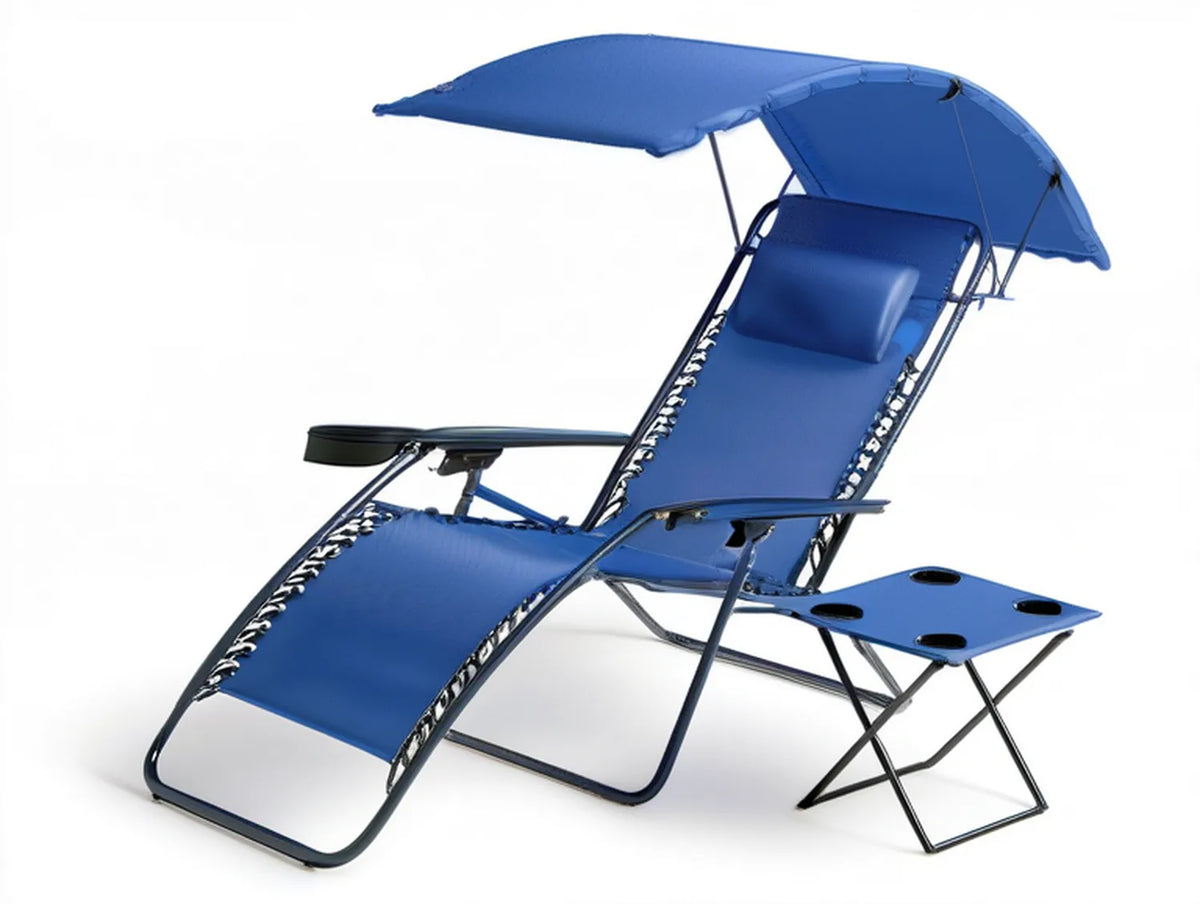 Blue Zero Gravity Reclining Chair with Adjustable Canopy, Headrest Pillow and Side Tray, 65 x 25 x 34 in