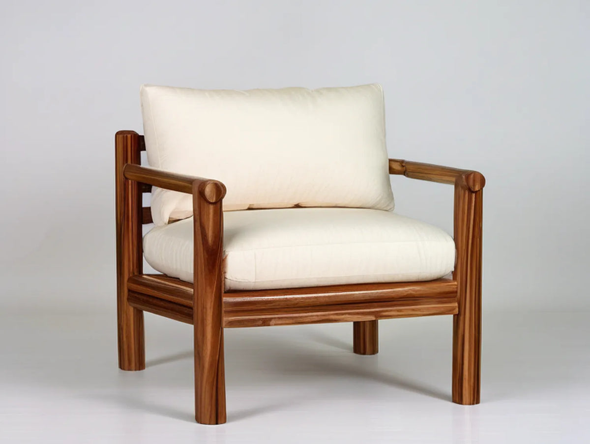 Solid Wood Lounge Chair with Cream Polyester Cushions, Walnut Brown Frame, 28.0 in W x 31.0 in D x 32.0 in H