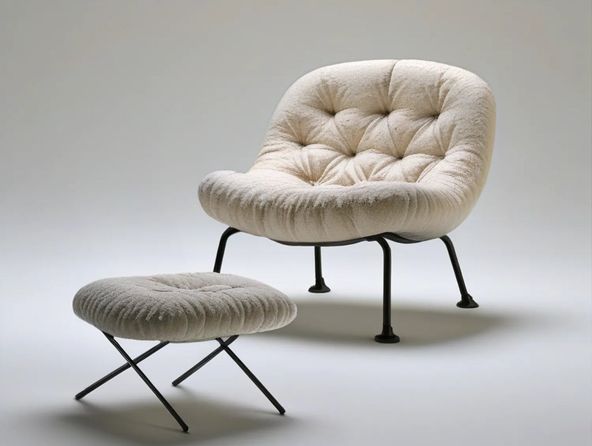Cream Tufted Boucle Lounge Chair with Ottoman, Black Metal Legs, Chair 31.5 x 30.7 x 33.1 in, Ottoman 25.2 x 20.5 x 15.7 in