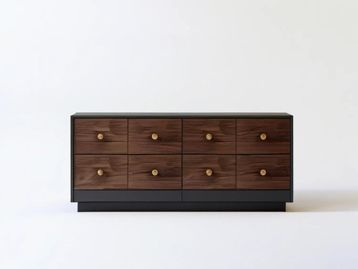 8-Drawer Walnut Veneer TV Stand with Brass Pulls, Brown/Black, 70.9 x 17.7 x 29.5 in