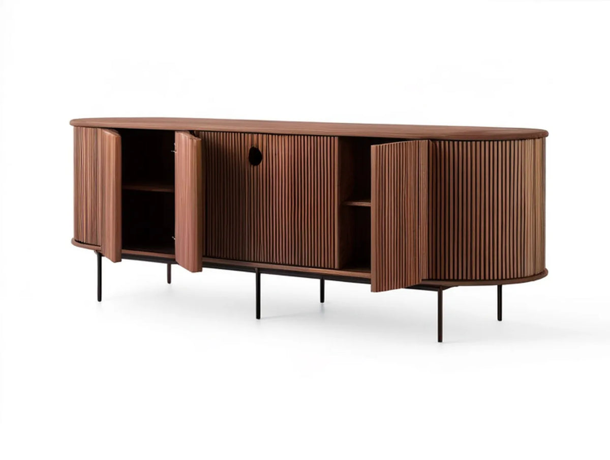70.9 in Oval Fluted Walnut Brown MDF Veneer TV Stand with Black Steel Legs, 70.9 in W x 15.7 in D x 27.6 in H