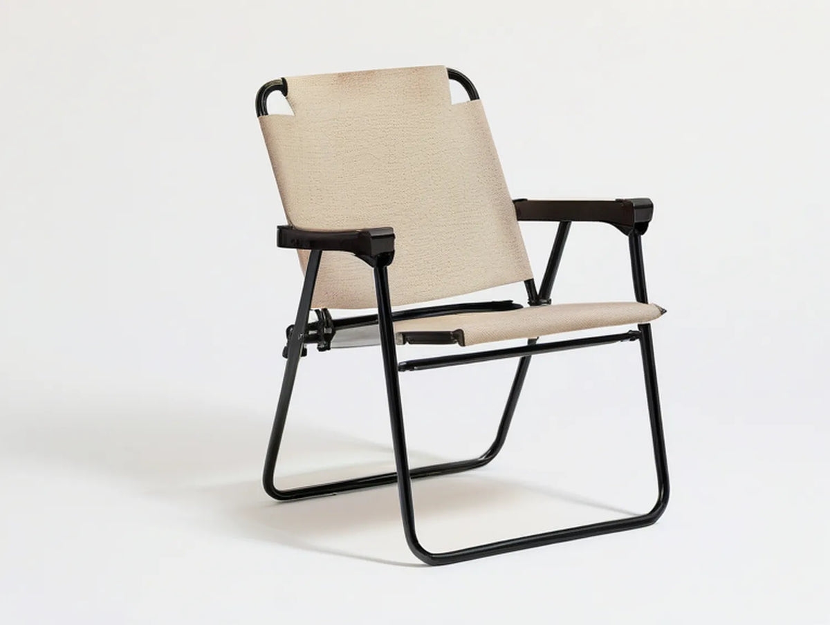 Folding Camping Chair with Armrests, Beige Polyester Sling, Black Steel Frame, 22.8 x 26.4 x 33.5 in