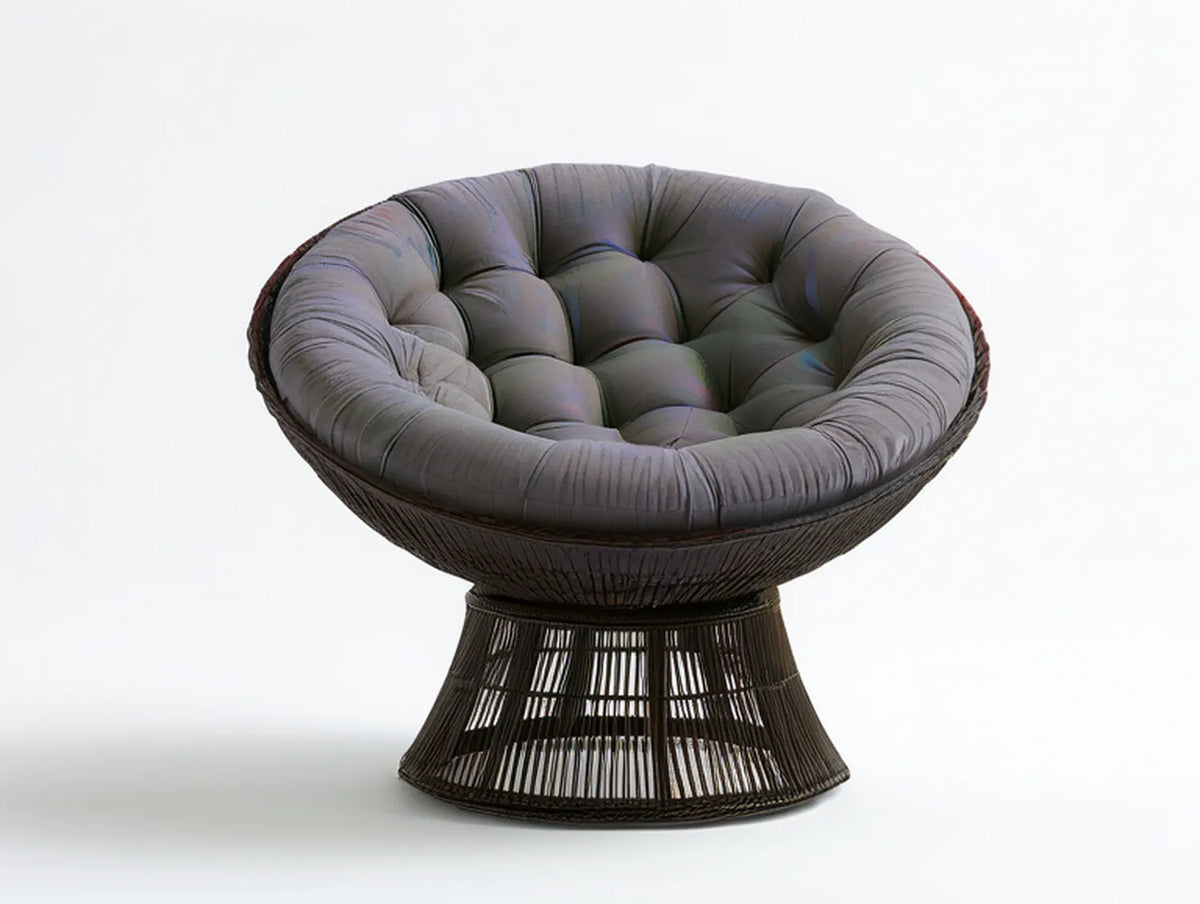 Round Papasan Lounge Chair with Gray Cushion and Dark Brown PE Rattan Base, 43 in x 43 in x 35 in