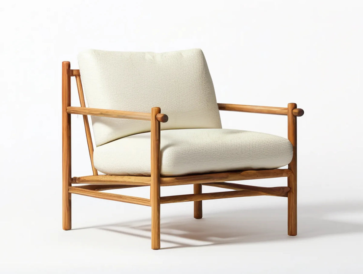 Cream Polyester Upholstered Lounge Chair with Natural Brown Rubberwood Frame, 28.7 x 31.5 x 33.5 in